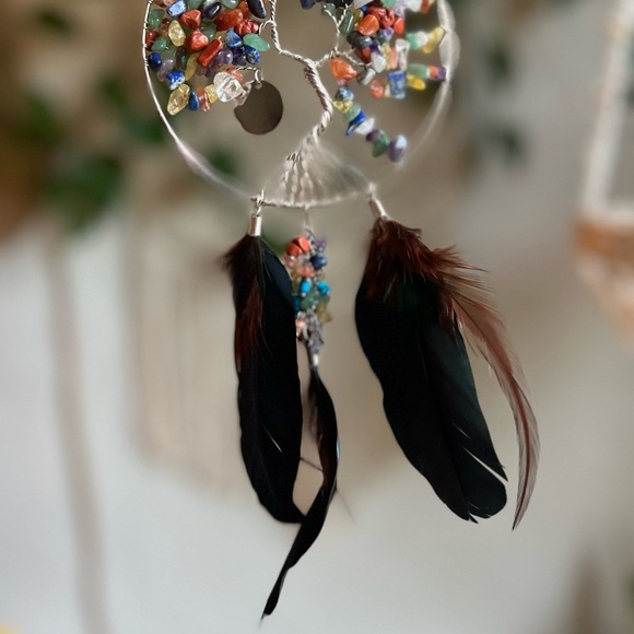 Tree of Life Dreamcatcher – Chakra Gemstone Wall Hanging with Feathers – Boho - Picture 6 of 9